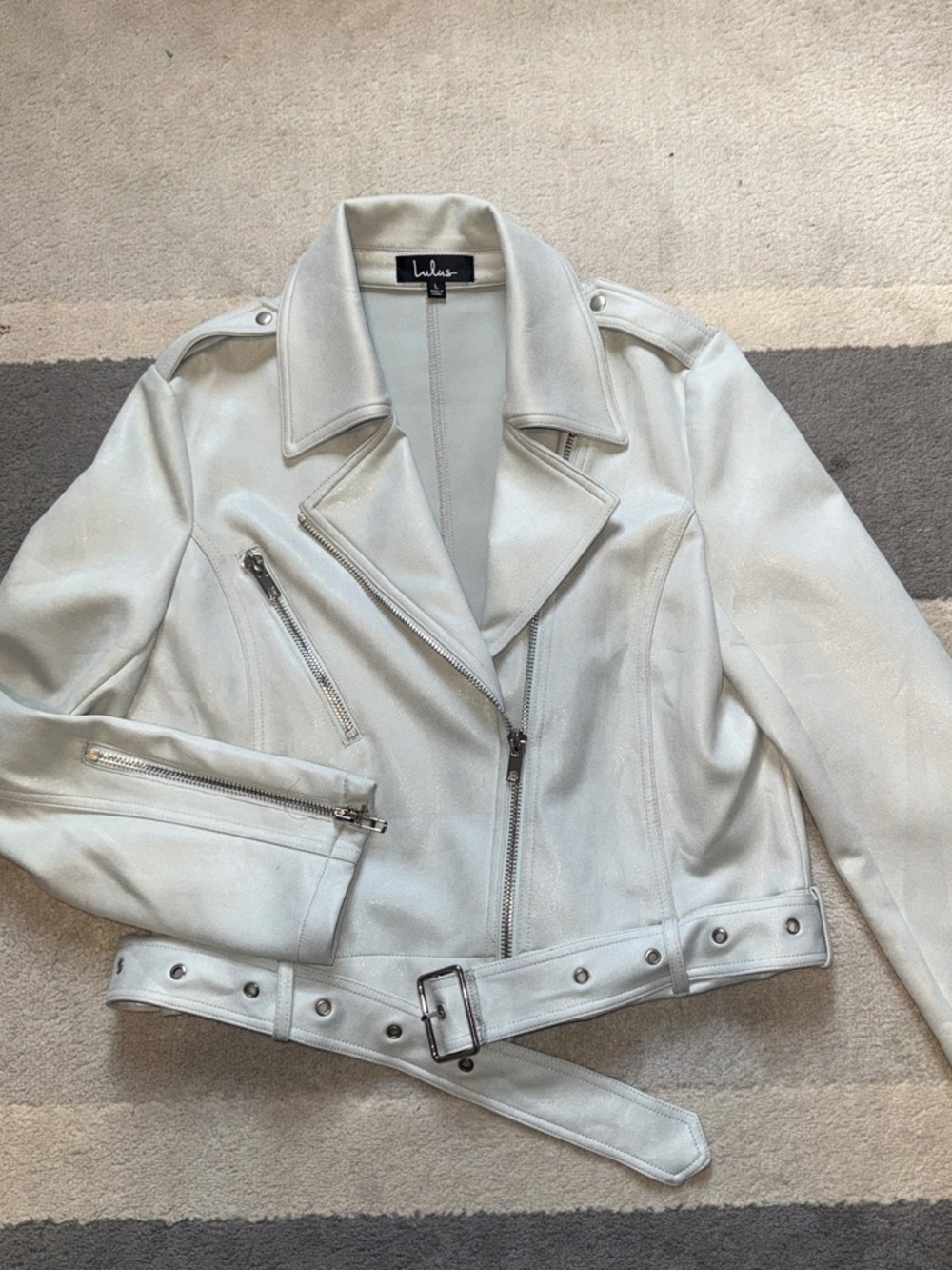 Lulu's Cream Asymmetric Belted Leather Moto Jacket